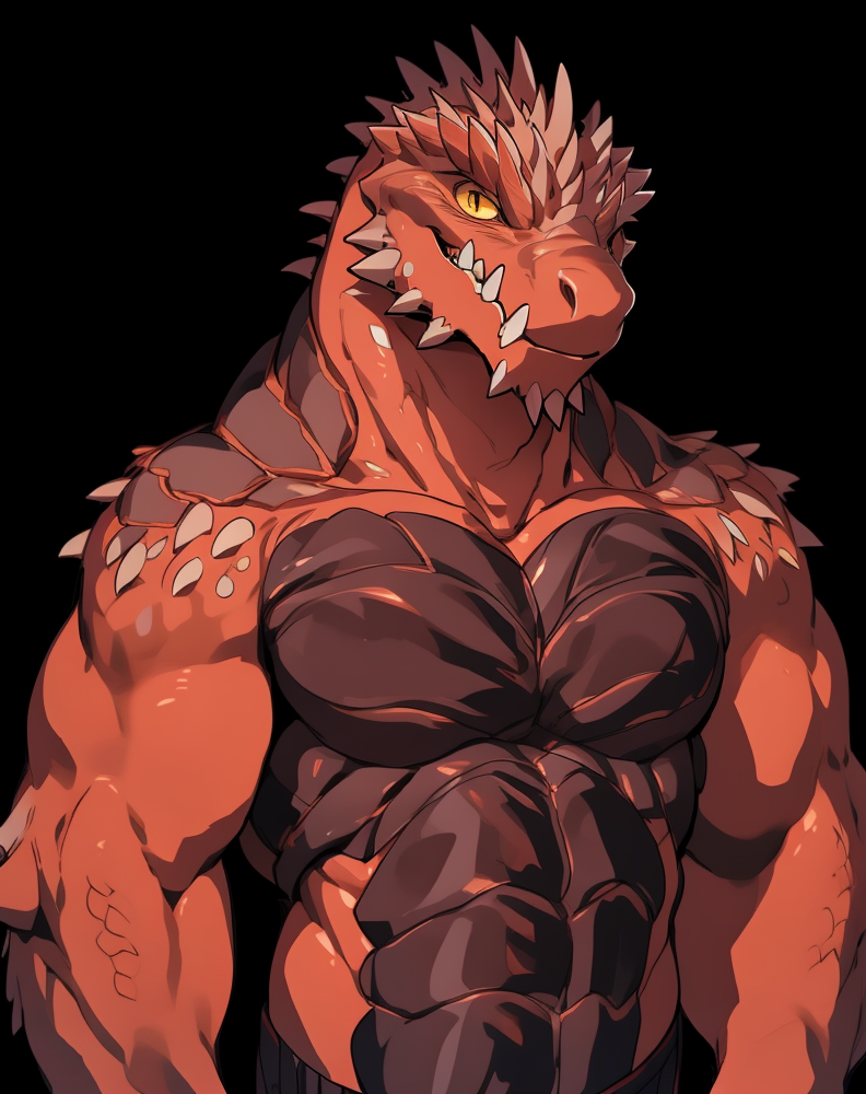 13051-2471407013-theredprince, male, anthro, scalie, red body, teeth, solo, fangs, muscular, scales, mammal, yellow eyes, black background, simpl.png